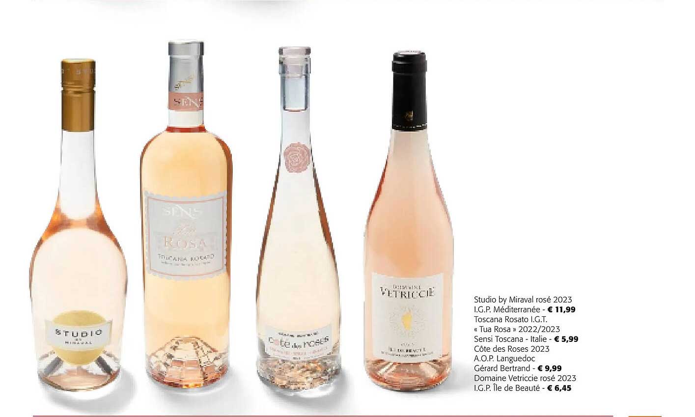 studio by miraval rosé 2023 i.g.p. méditerranée, toscana rosato i.g.t. «tua rosa» 2022/2023, sensi toscana - italie, côtes des roses 2023 a.o.p. languedoc gérard bertrand, domaine vetriccie rosé 2023