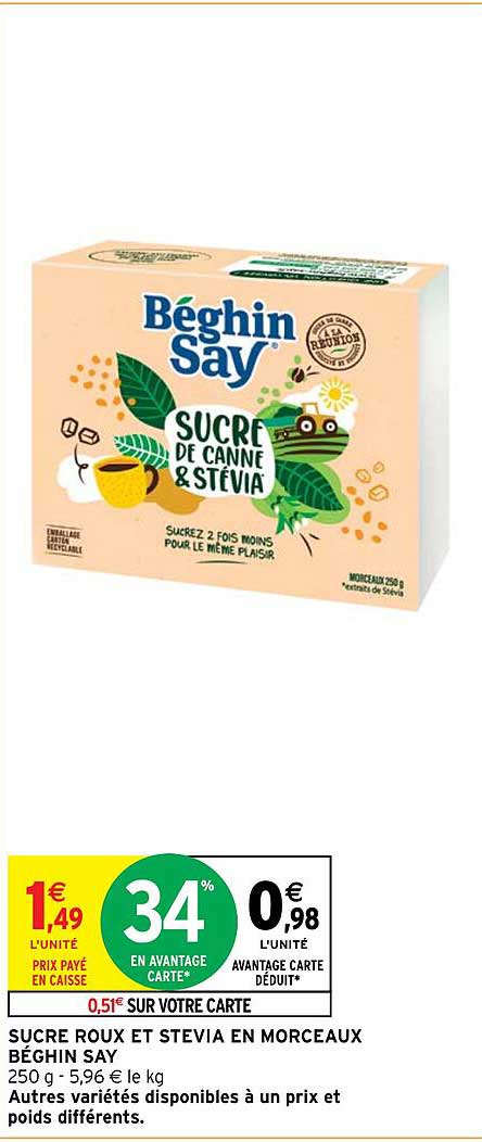 sucre roux et stevia en morceaux béghin say