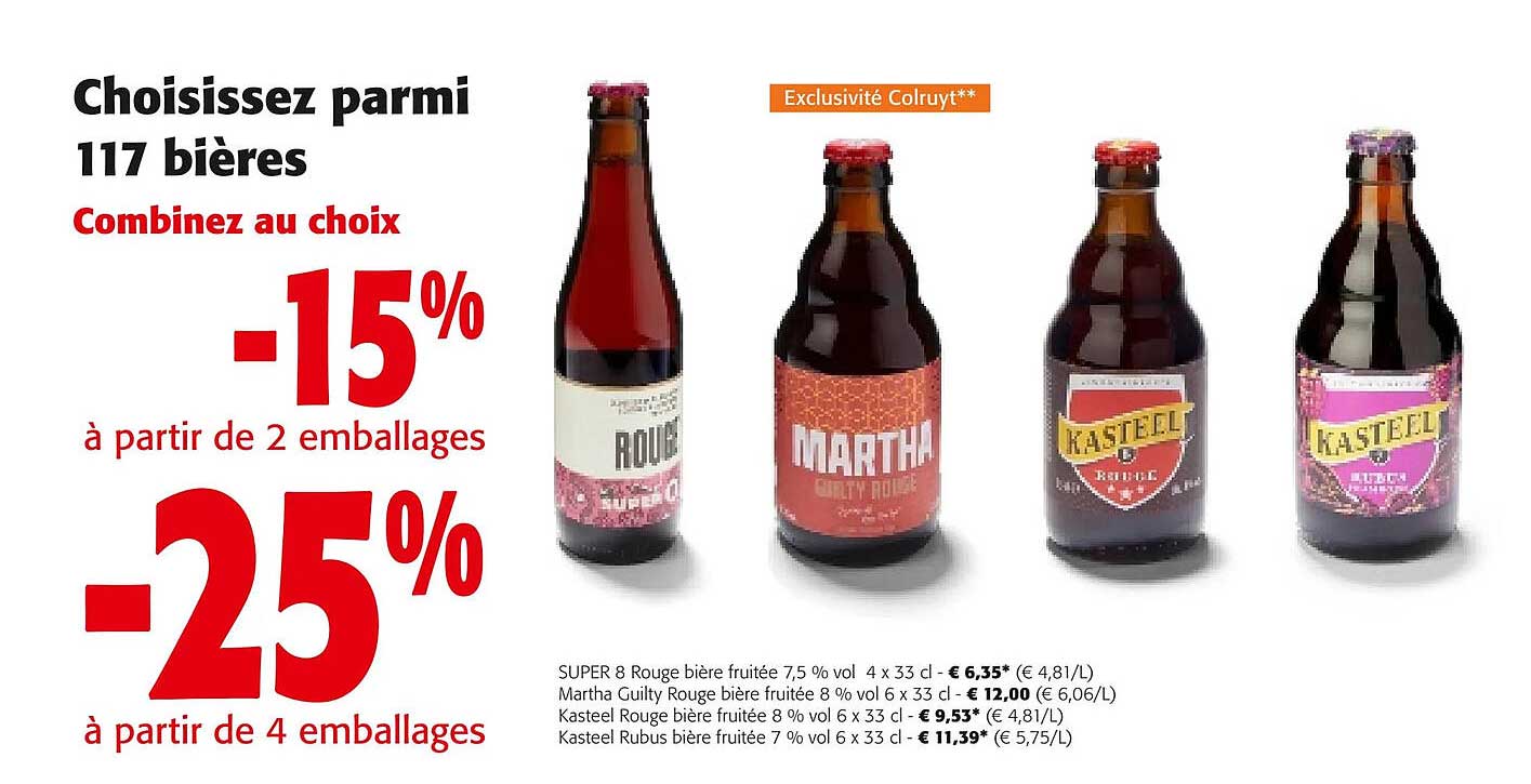super 8 rouge bière fruitée 7,5% vol, martha guilty rouge bière fruitée 8% vol, kasteel rouge bière fruitée 8% vol, kasteel rubus bière fruitée 7% vol