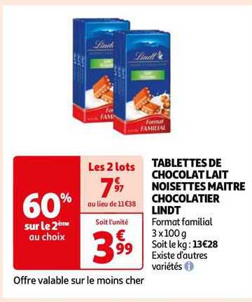 tablettes de chocolat lait noisettes maître chocolatier lindt