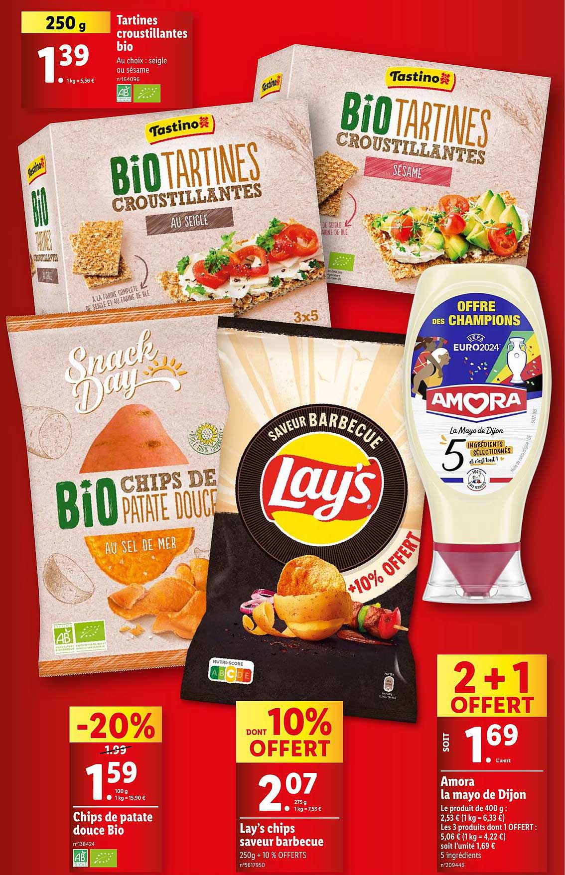Tartines Croustillantes Bio Tastino, Chips De Patate Douce Bio, Lay's Chips Saveur Barbecue, Amora La Mayo De Dijon