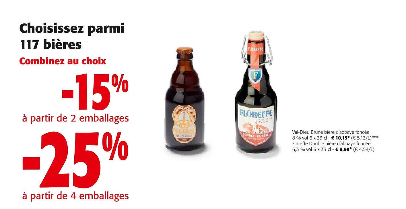 val-dieu brune bière d'abbaye foncée 8% vol, floreffe double bière d'abbaye foncée 6,3% vol