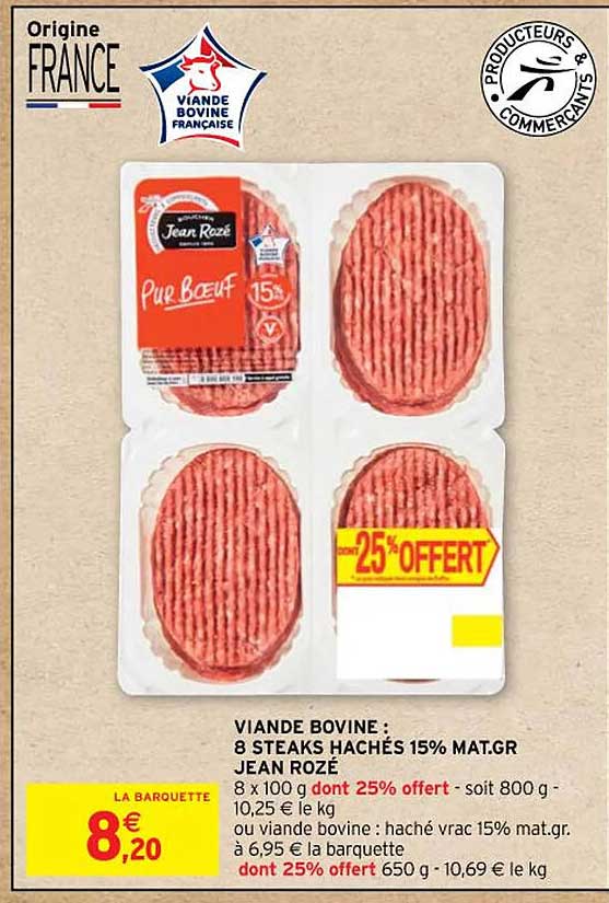 viande bovine : 8 steaks hachés 15% mat. gr. jean rozé