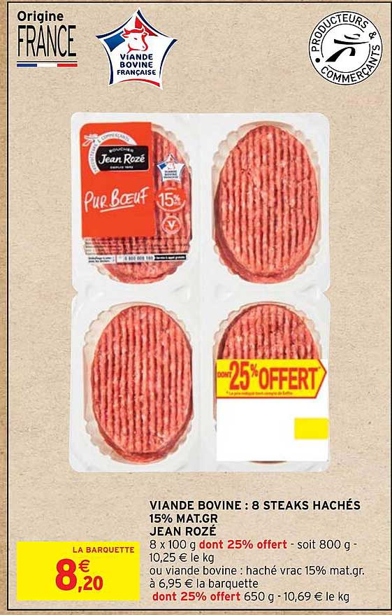 viande bovine : 8 steaks hachés 15% mat.gr jean rozé