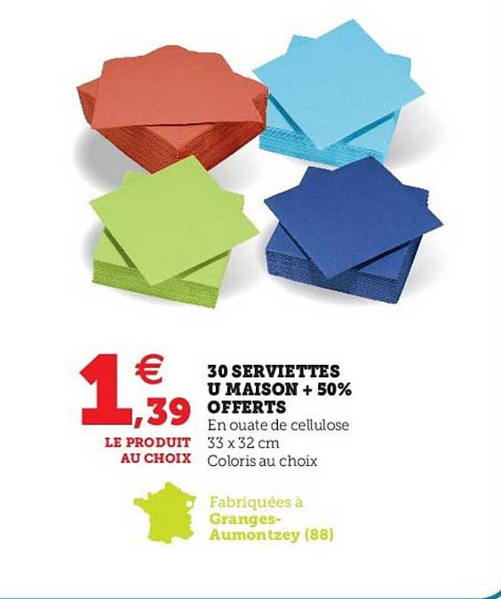 30 serviettes u maison + 50% offerts en ouate de cellulose