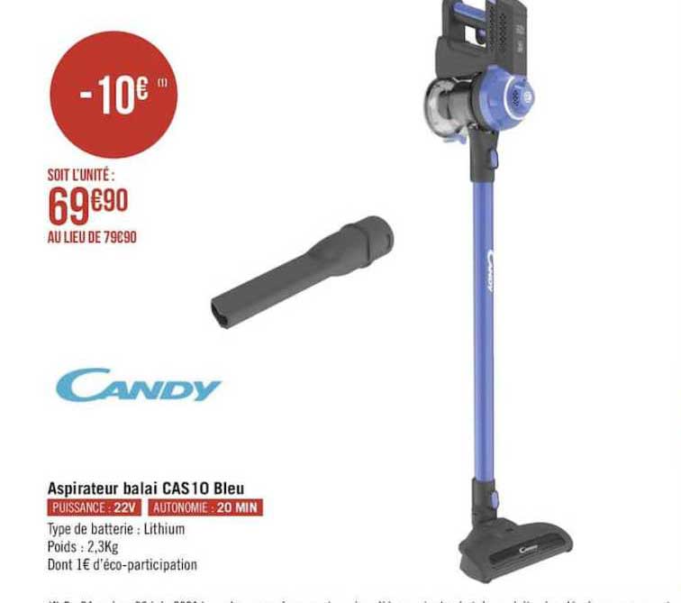 aspirateur balai cas 10 bleu candy