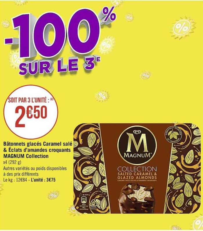 bâtonnets glacés caramel salé & éclats d'amandes croquants magnum collection -100% sur le 3e