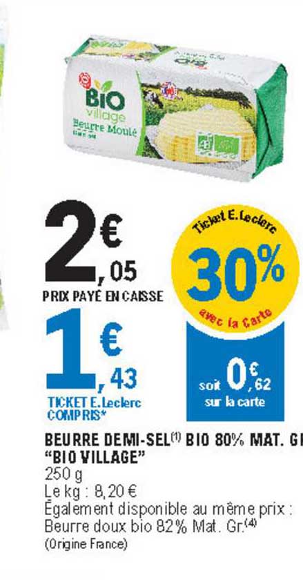 beurre demi-sel bio 80% mat. gr "bio village"