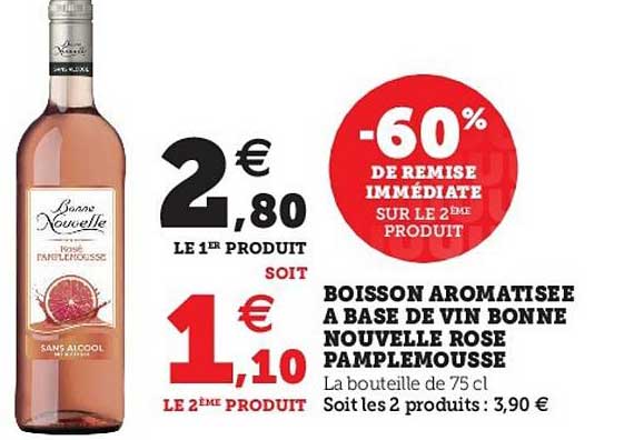 boisson aromatisée a base de vin bonne nouvelle rosé pamplemousse -68% de remise immédiate sur le 2ème produit