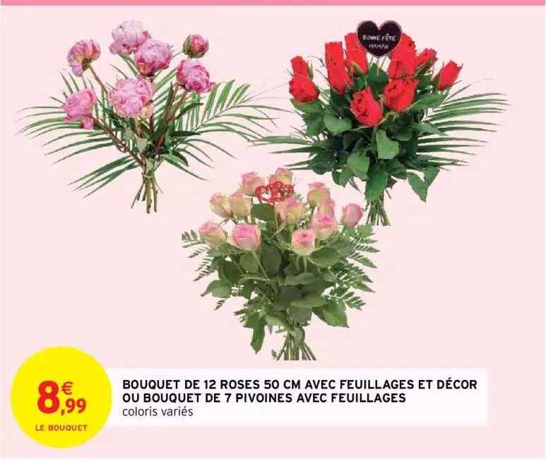 bouquet de 12 roses 50 cm avec feuillages et décor ou bouquet de 7 pivoines avec feuillages