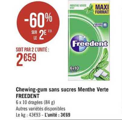 chewing-gum sans sucres menthe verte freedent -60% sur le 2e