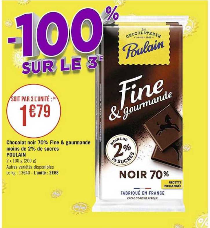 chocolate noir 70% fine & gourmande moins de 2% de sucres poulain -100% sur le 3e
