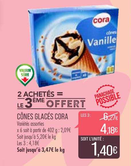 cônes glacés cora 2 achetés = le 3ème offert