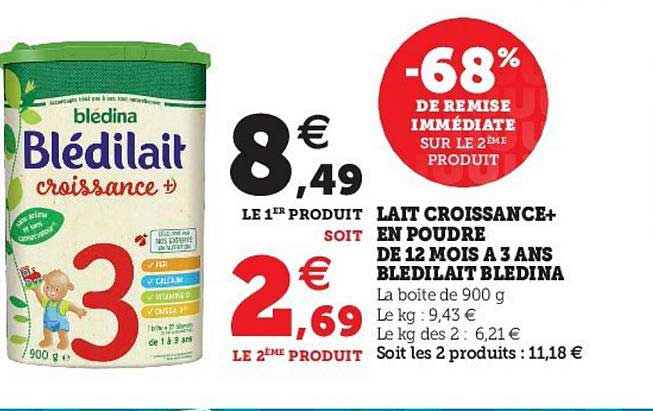lait croissance+ en poudre de 12 mois a 3 ans bledilait bledina