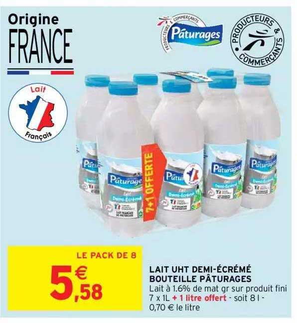 lait uht demi-écrémé bouteille pâturages