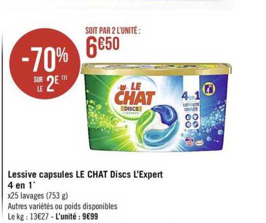 Lessive Capsules Le Chat Discs L'expert 4 En 1 -70% Sur Le 2e
