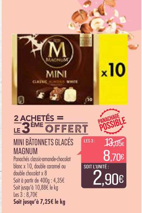 mini bâtonnets glacés magnum 2 achetés = le 3ème offert