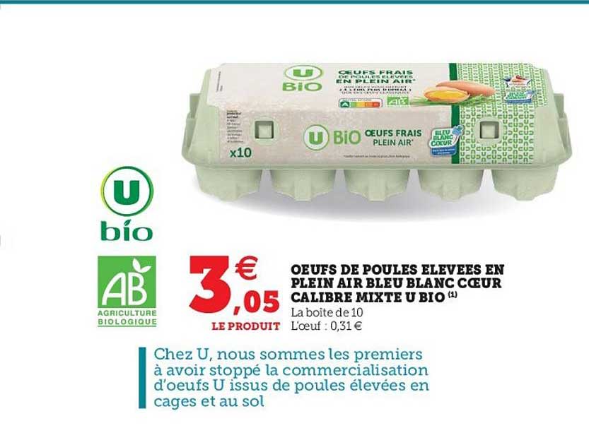 œufs de poules élevées en plein air bleu blanc cœur calibre mixte u bio