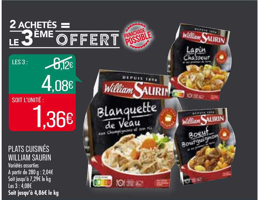 plats cuisinés william saurin 2 achetés = le 3ème offert