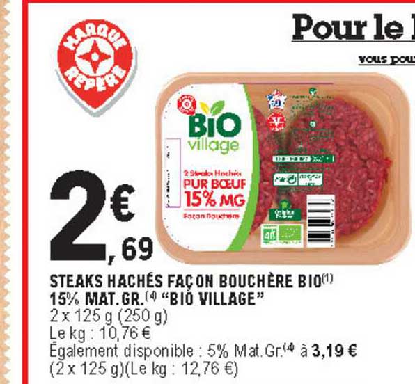 steaks hachés façon bouchère bio 15% mat. gr. "bio village"
