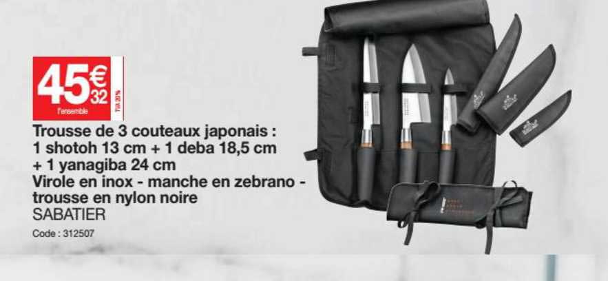 trousse de 3 couteaux japonais: 1 shotoh 13 cm + 1 deba 18,5 cm + 1 yanagiba 24 cm