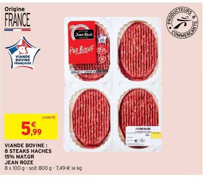viande bovine : 8 steaks hachés 15% mat.gr. jean rozé