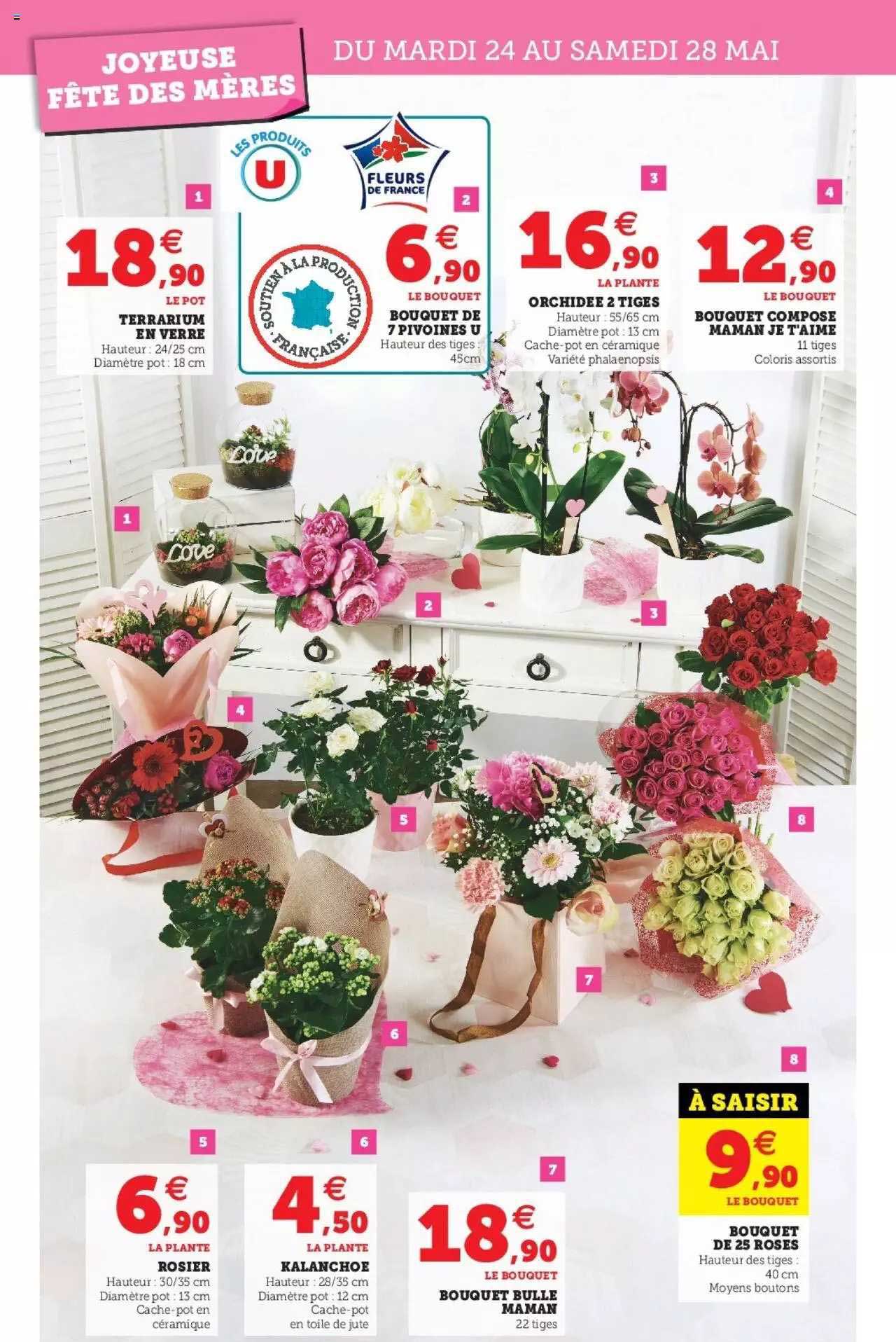 terrarium en verre, bouquet de 7 pivoines u, orchidée 2 tiges, bouquet composé maman je t'aime, rosier, kalanchoe, bouquet bulle maman, bouquet de 25 roses