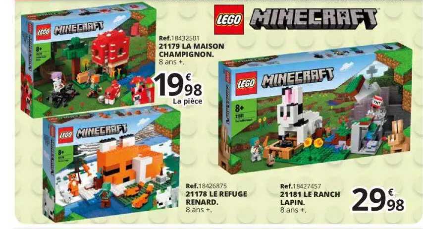 21179 la maison champignon lego minecraft, 21178 le refuge renard lego minecraft, 21181 le ranch lapin lego minecraft