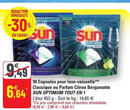 30 capsules pour lave-vaisselle classique ou parfum citron bergamotte sun optimum tout en 1