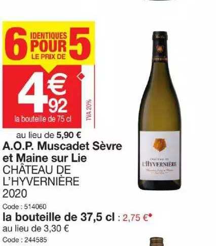 a.o.p. muscadet sèvre et maine sur lie château de l'hyvernière 2020, la bouteille de 37,5cl