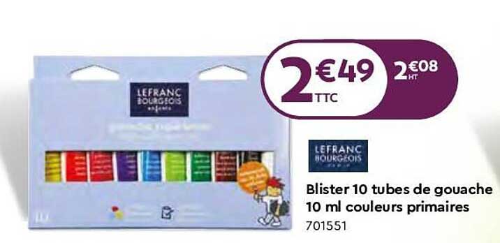 blister 10 tubes de gouache 10 ml couleurs primaires le franc bourgeois