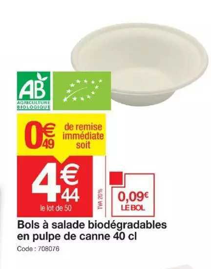 bols à salade biodégradables en pulple de canne 40cl