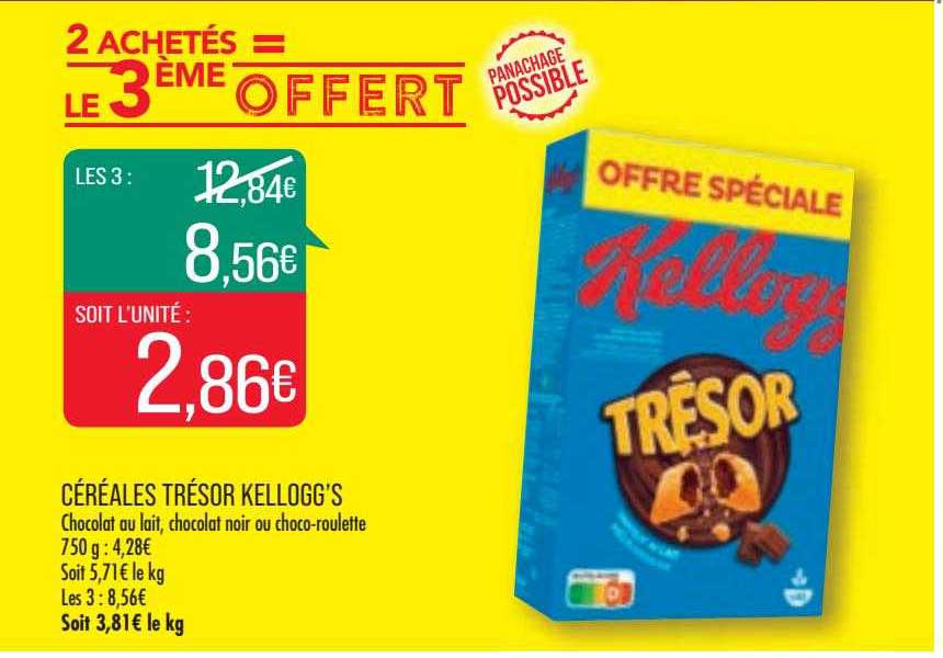céréales trésor kellogg's 2achetés = le 3ème offert