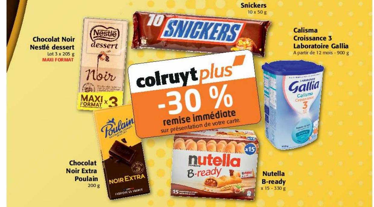 chocolat noir nestlé dessert, chocolat noir extra poulain, nutella b-ready, snickers , calisma croissance 3 laboratoire gallia