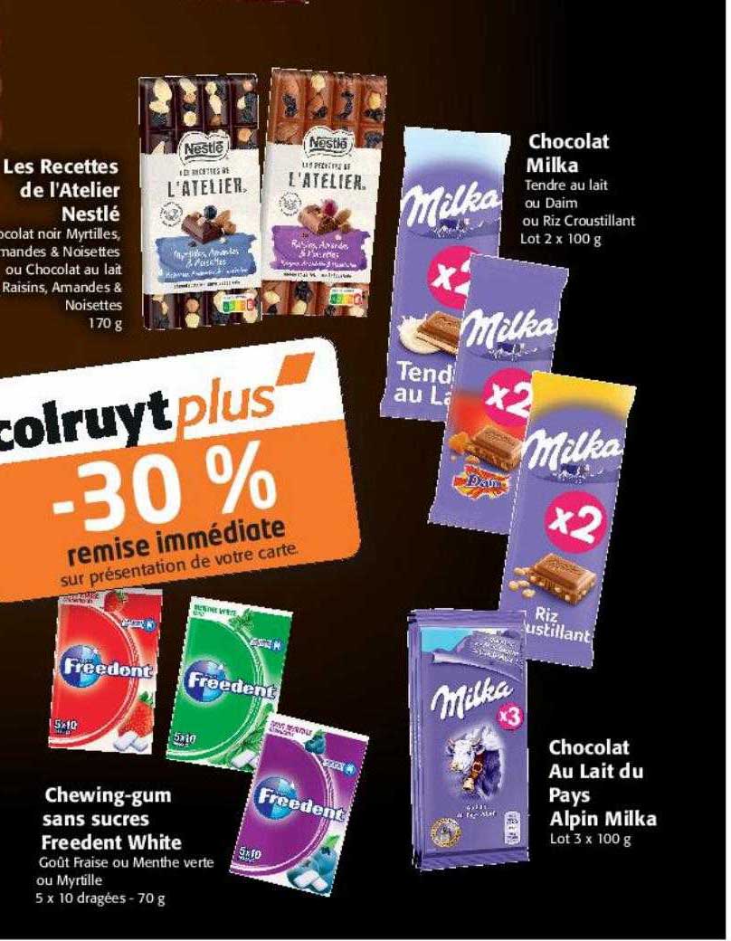 les recettes de l'atelier nestlé, chewing-gum sans sucres freedent white, chocolat au lait du pays alpin milka, chocolat milka