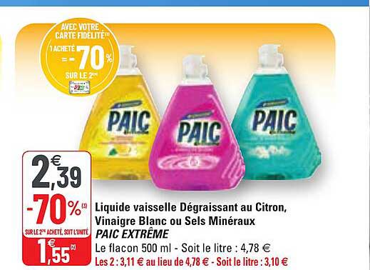 liquide vaisselle dégraissat au citron, vinaigre blanc ou sels minéraux paic extrême