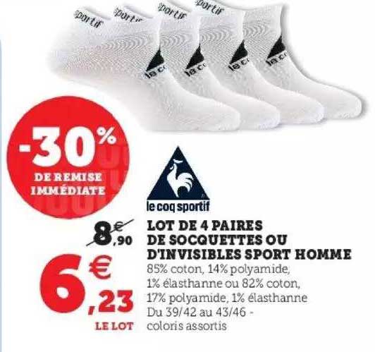 lot de 4 paires de socquettes ou d'invisibles sport homme le coq sportif