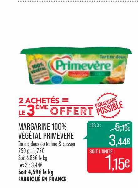 margarine 100% végétal primevere 2 achetés = le ème offert