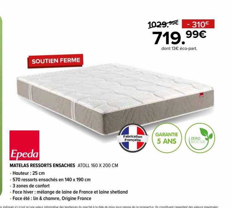 matelas ressorts ensachés atoll 160 x 200 cm epeda