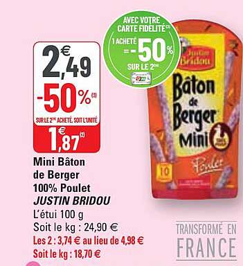 mini bâton de berger 100% poulet justin bridou