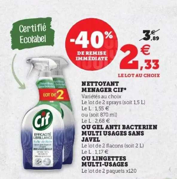 nettoyant ménager cif ou gel anti bactérien multi usages sans javel ou lingettes multi-usages