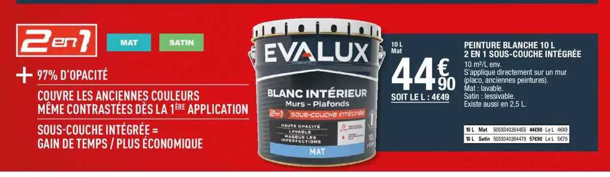 peinture blanche 10 l 2 en 1 sous-couche intégrée evalux