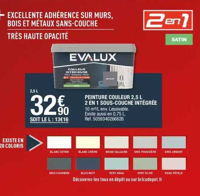 peinture couleur 2,5 l 2 en 1 sous-couche intégrée evalux