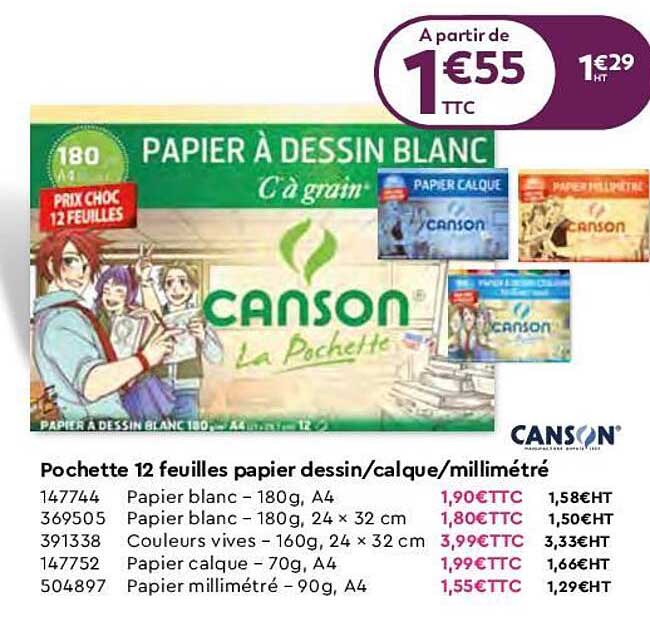 Pochette 12 Feuilles Papier Dessin Calque Millimétré Canson