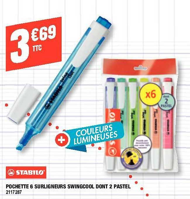 pochette 6 surligneurs swingcool dont 2 pastel stabilo