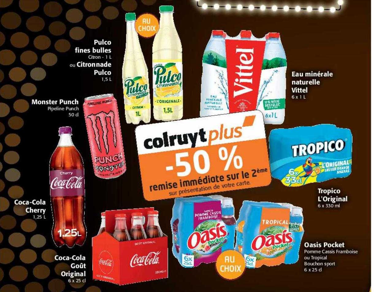 pulco fines bulles ou citronnade pulco, monster punch, coca-cola cherry, coca-cola goût original, eau minérale naturelle vittel, tropico l'original, oasis pocket