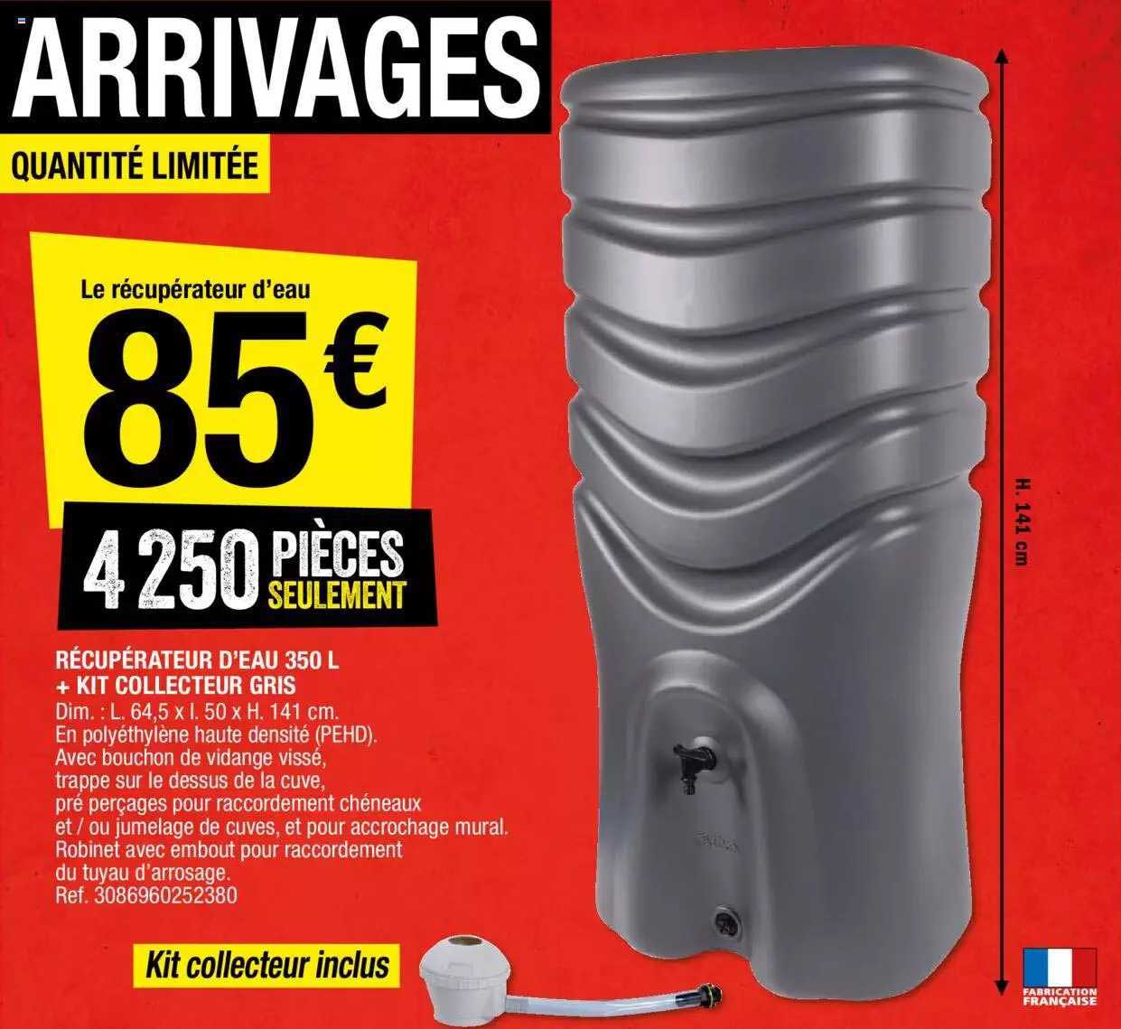 Récupérateur D'eau 350 L + Kit Collecteur Gris