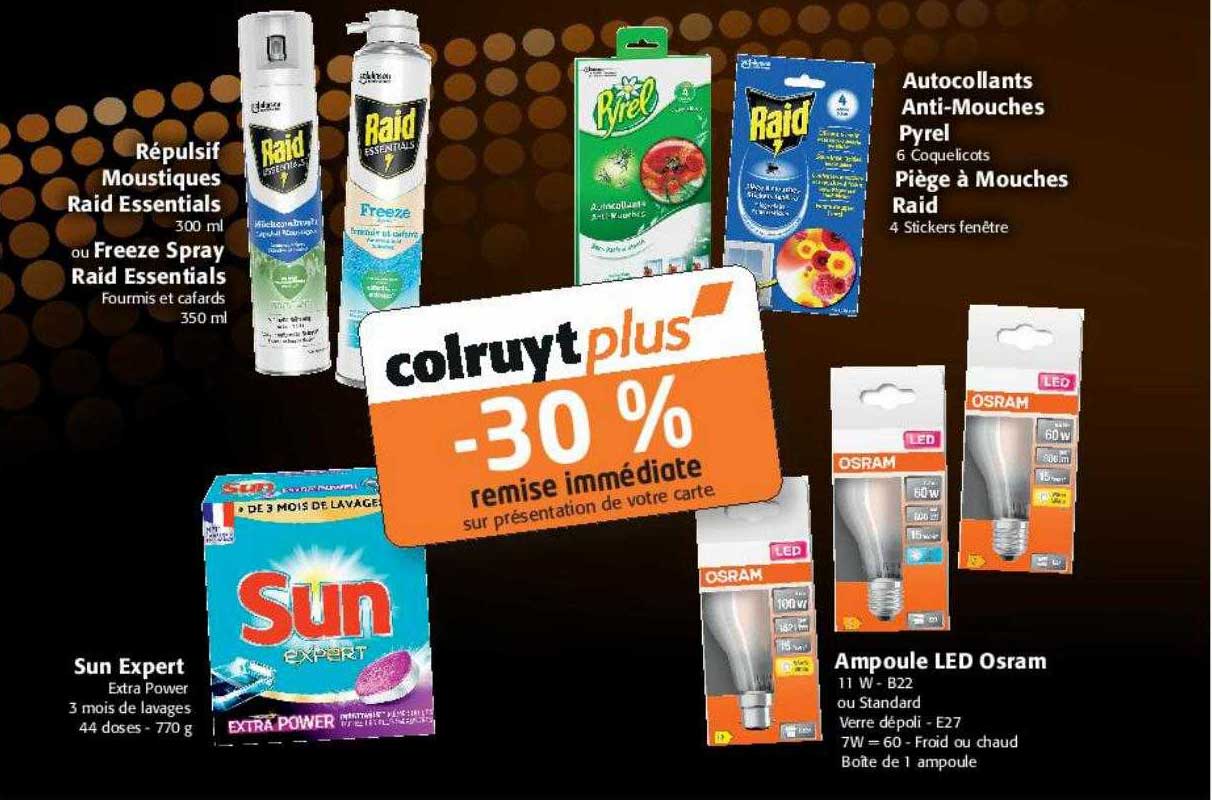 répulsif moustiques raid essentiels ou freeze spray raid essentials, sun expert, ampoule les osram, autocollants anti-mouches pyrel, piège à mouches raid