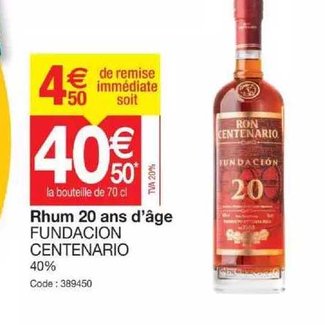 rhum 20 ans d'âge fundacion centenario 40%