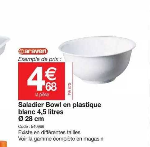 Saladier Bowl En Plastique Blanc 4,5 Litres ø 28 Cm